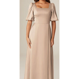 AW BRIDAL 6 S taupe satin wedding guest formal bridesmaid maxi dress NEW B49